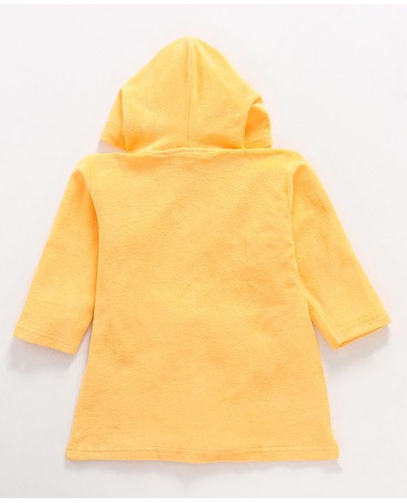 Babyhug Cotton Knit Full Sleeves Hooded Bath Robe Squirrel Patch - Yellow