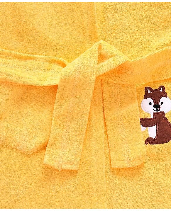 Babyhug Cotton Knit Full Sleeves Hooded Bath Robe Squirrel Patch - Yellow