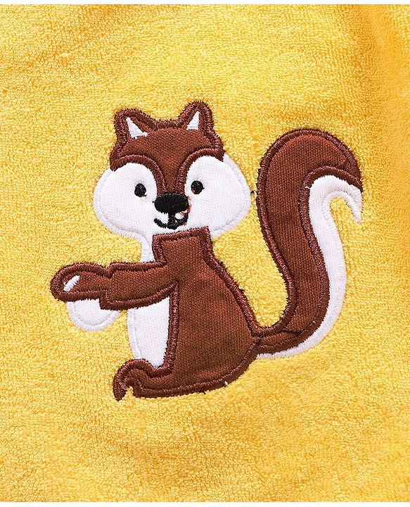 Babyhug Cotton Knit Full Sleeves Hooded Bath Robe Squirrel Patch - Yellow