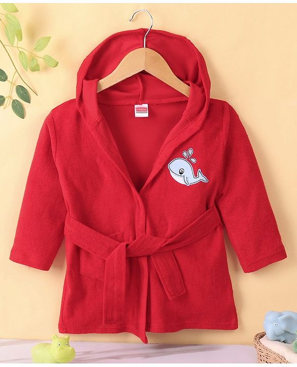 Babyhug Cotton Knit Full Sleeves Hooded Bath Robe Whale Patch -Red