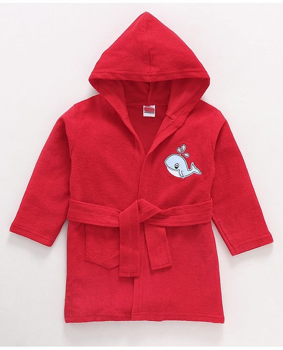 Babyhug Cotton Knit Full Sleeves Hooded Bath Robe Whale Patch -Red