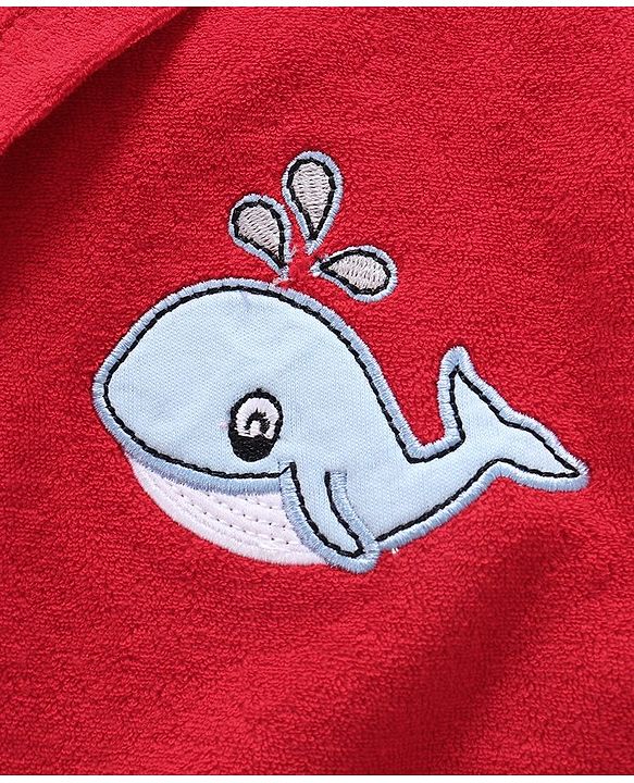 Babyhug Cotton Knit Full Sleeves Hooded Bath Robe Whale Patch -Red