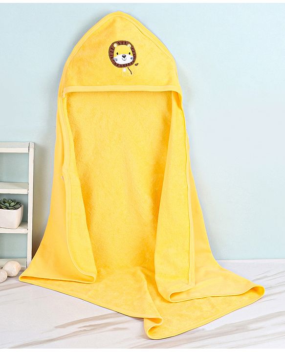 Babyhug Cotton Terry Knit Towel with Hood Lion Applique L 76.2 x B 76.2 cm - Yellow