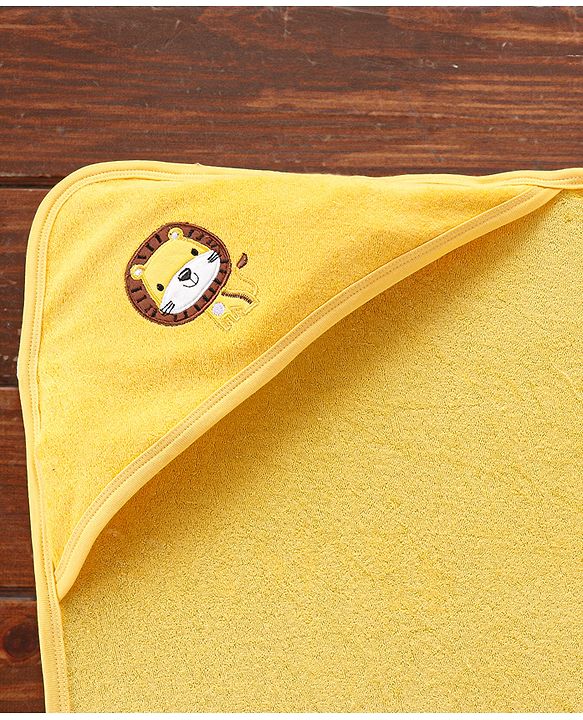 Babyhug Cotton Terry Knit Towel with Hood Lion Applique L 76.2 x B 76.2 cm - Yellow