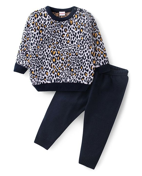 Babyhug Full Sleeves Sweater Set Leopard Design- Navy Blue & White