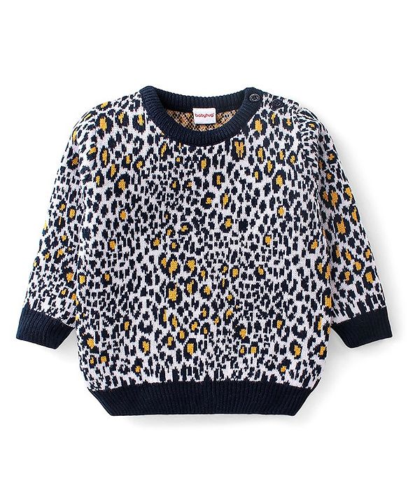 Babyhug Full Sleeves Sweater Set Leopard Design- Navy Blue & White