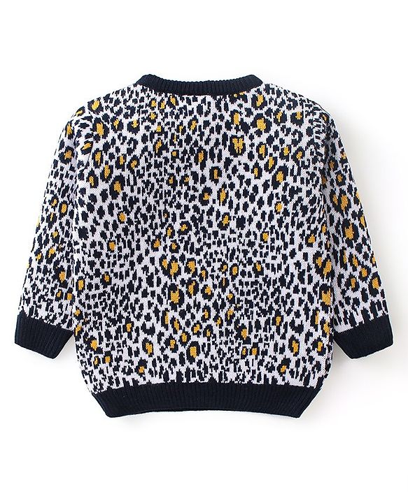 Babyhug Full Sleeves Sweater Set Leopard Design- Navy Blue & White