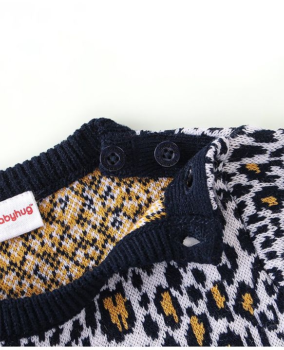 Babyhug Full Sleeves Sweater Set Leopard Design- Navy Blue & White