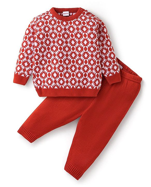 Babyhug Knit Full Sleeves Baby Sweater Set Argyle Design - Orange