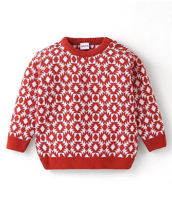 Babyhug Knit Full Sleeves Baby Sweater Set Argyle Design - Orange