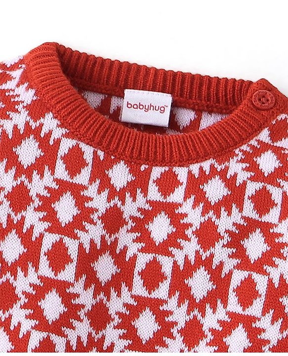 Babyhug Knit Full Sleeves Baby Sweater Set Argyle Design - Orange