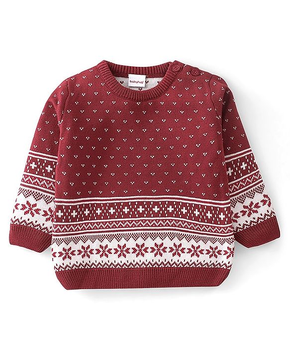 Babyhug Knitted Full Sleeves Sweater Set Floral Design - Red