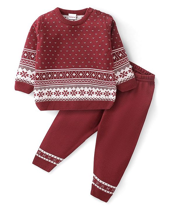 Babyhug Knitted Full Sleeves Sweater Set Floral Design - Red