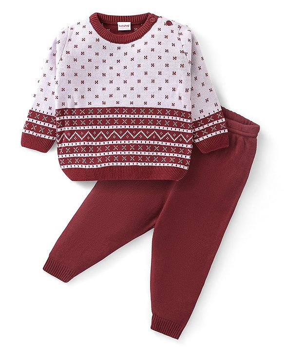 Babyhug Knitted Full Sleeves Sweater Set Floral Design - Red & White