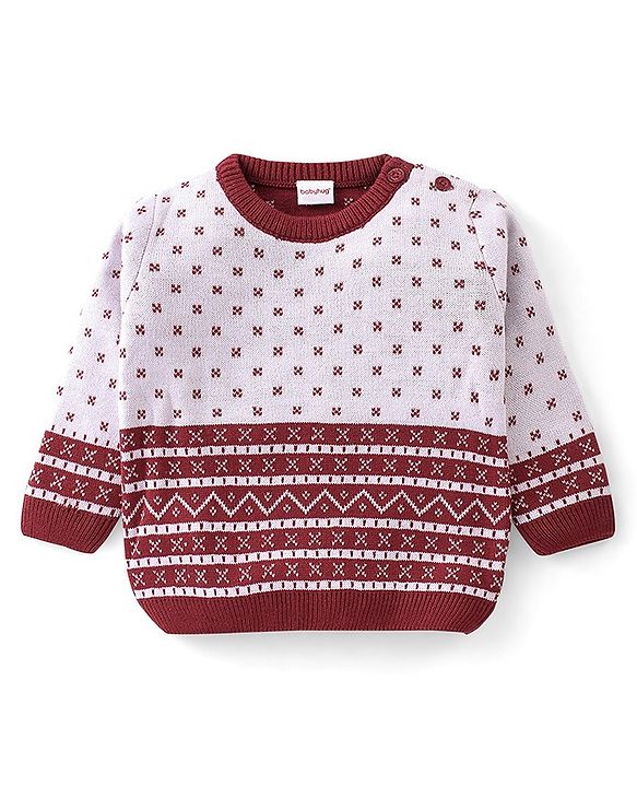 Babyhug Knitted Full Sleeves Sweater Set Floral Design - Red & White