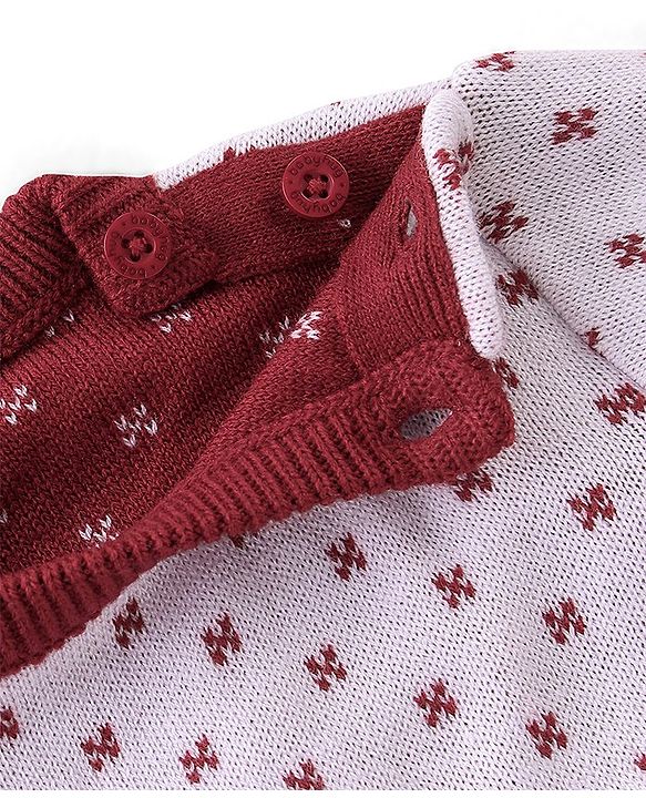 Babyhug Knitted Full Sleeves Sweater Set Floral Design - Red & White