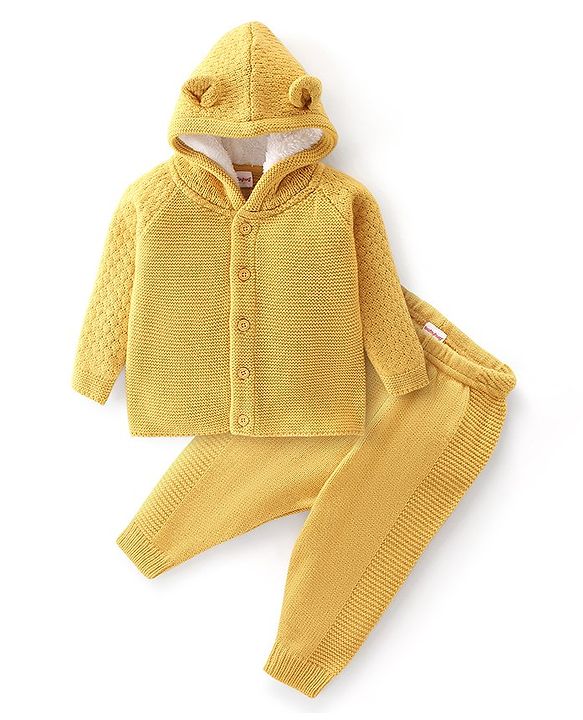 Babyhug Knitted Full Sleeves Solid Front Open Hooded Sweater & Pajama Set - Yellow