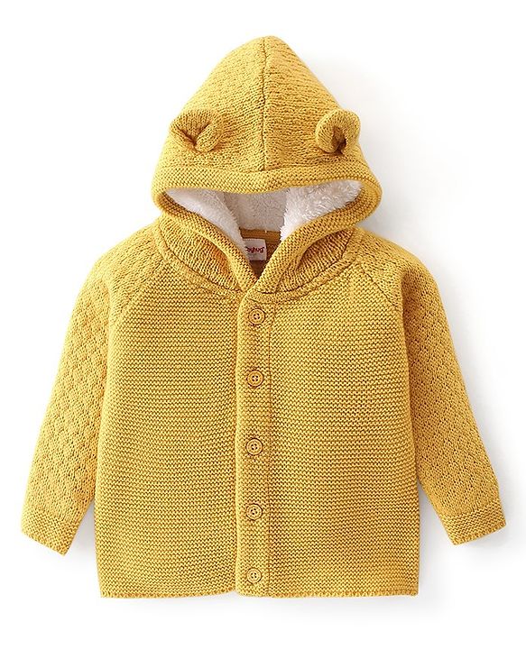Babyhug Knitted Full Sleeves Solid Front Open Hooded Sweater & Pajama Set - Yellow