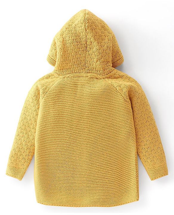 Babyhug Knitted Full Sleeves Solid Front Open Hooded Sweater & Pajama Set - Yellow