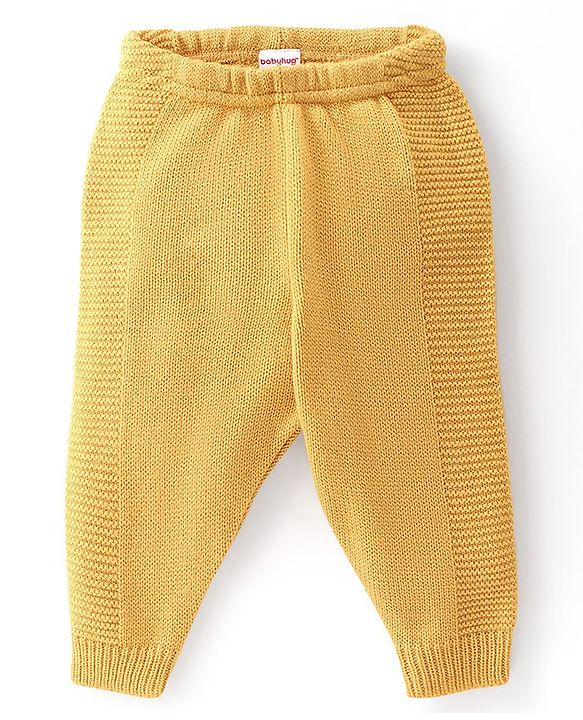 Babyhug Knitted Full Sleeves Solid Front Open Hooded Sweater & Pajama Set - Yellow
