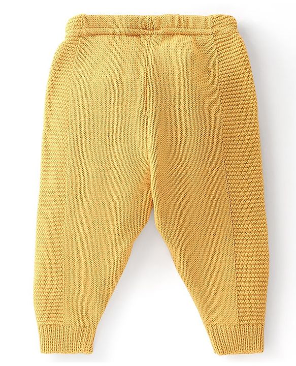Babyhug Knitted Full Sleeves Solid Front Open Hooded Sweater & Pajama Set - Yellow