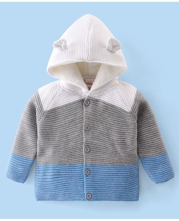 Babyhug Knit Full Sleeves Color Block Hooded Sweater Set - Grey & Blue