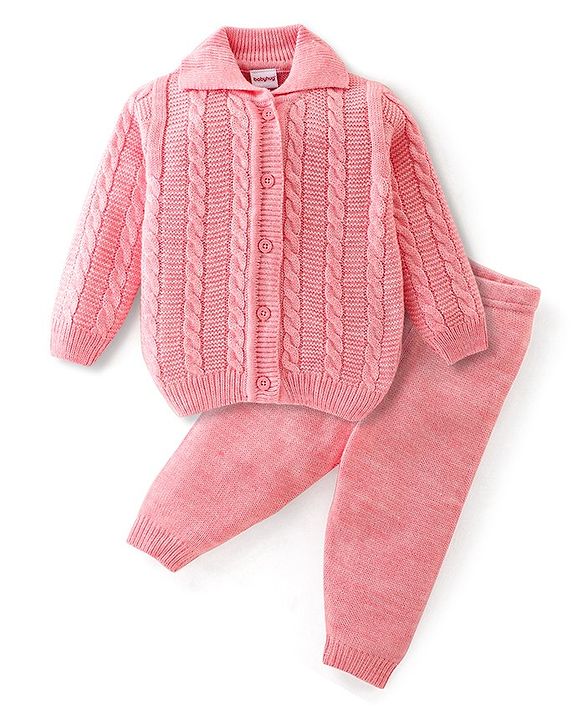 Babyhug Knitted Full Sleeves Sweater Set with Cable Knit Design - Pink