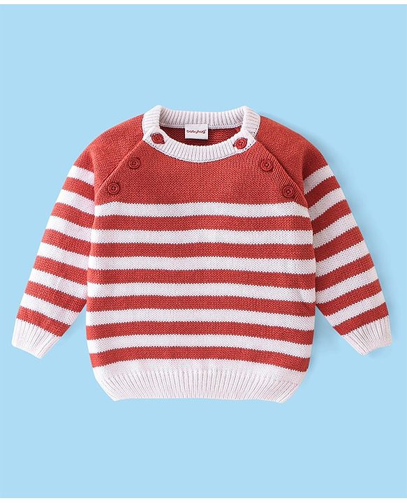 Babyhug Knitted Full Sleeves Sweater Set with Stripe Design - White & Red