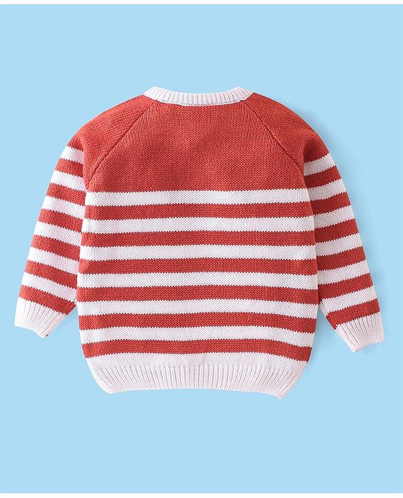 Babyhug Knitted Full Sleeves Sweater Set with Stripe Design - White & Red