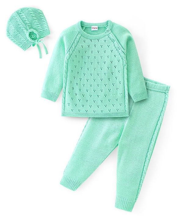 Babyhug Knitted Full Sleeves Sweater Set with Cap & Cable Knit Design - Sea Green