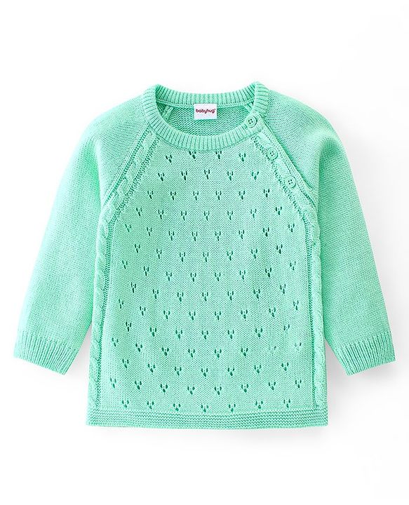 Babyhug Knitted Full Sleeves Sweater Set with Cap & Cable Knit Design - Sea Green