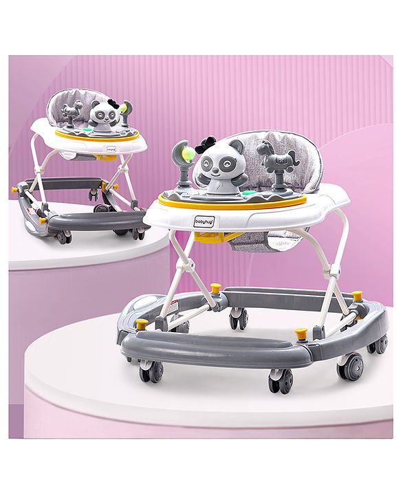 Babyhug Panda 2 In 1 Walker Cum Rocker With 3 Adjustable Height & Musical Play Tray With Lights-Grey| Smooth Swivel Wheels| BIS Certified| Comfortable Seat| Removable Toys