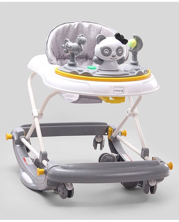Babyhug Panda 2 In 1 Walker Cum Rocker With 3 Adjustable Height & Musical Play Tray With Lights-Grey| Smooth Swivel Wheels| BIS Certified| Comfortable Seat| Removable Toys