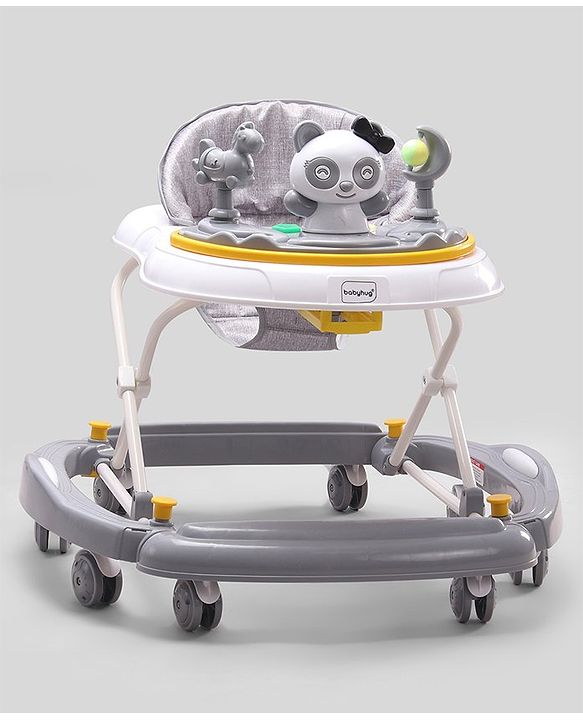 Babyhug Panda 2 In 1 Walker Cum Rocker With 3 Adjustable Height & Musical Play Tray With Lights-Grey| Smooth Swivel Wheels| BIS Certified| Comfortable Seat| Removable Toys