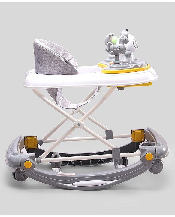 Babyhug Panda 2 In 1 Walker Cum Rocker With 3 Adjustable Height & Musical Play Tray With Lights-Grey| Smooth Swivel Wheels| BIS Certified| Comfortable Seat| Removable Toys