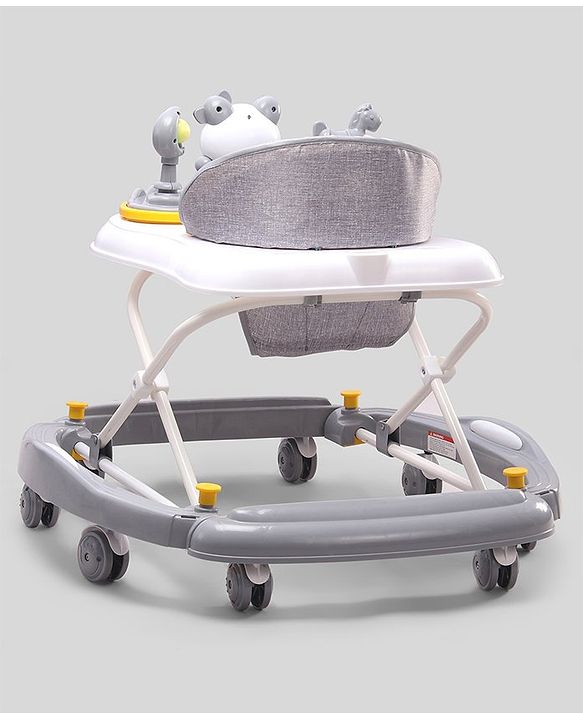 Babyhug Panda 2 In 1 Walker Cum Rocker With 3 Adjustable Height & Musical Play Tray With Lights-Grey| Smooth Swivel Wheels| BIS Certified| Comfortable Seat| Removable Toys