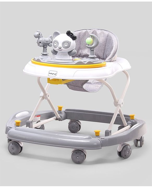 Babyhug Panda 2 In 1 Walker Cum Rocker With 3 Adjustable Height & Musical Play Tray With Lights-Grey| Smooth Swivel Wheels| BIS Certified| Comfortable Seat| Removable Toys