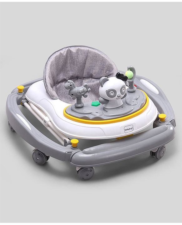 Babyhug Panda 2 In 1 Walker Cum Rocker With 3 Adjustable Height & Musical Play Tray With Lights-Grey| Smooth Swivel Wheels| BIS Certified| Comfortable Seat| Removable Toys