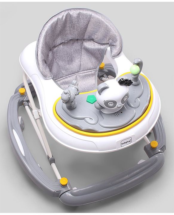 Babyhug Panda 2 In 1 Walker Cum Rocker With 3 Adjustable Height & Musical Play Tray With Lights-Grey| Smooth Swivel Wheels| BIS Certified| Comfortable Seat| Removable Toys