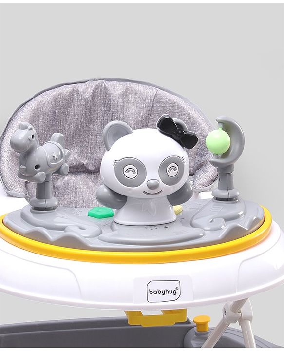 Babyhug Panda 2 In 1 Walker Cum Rocker With 3 Adjustable Height & Musical Play Tray With Lights-Grey| Smooth Swivel Wheels| BIS Certified| Comfortable Seat| Removable Toys