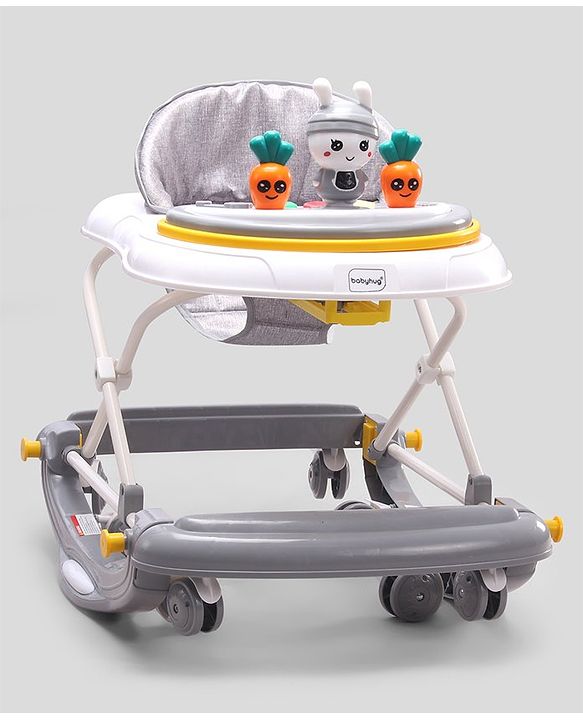 Babyhug Bunny 2 In 1 Walker Cum Rocker With 3 Adjustable Height & Musical Play Tray With Lights-Grey| Cushion Seat| Smooth Swivel Wheels| Foldable