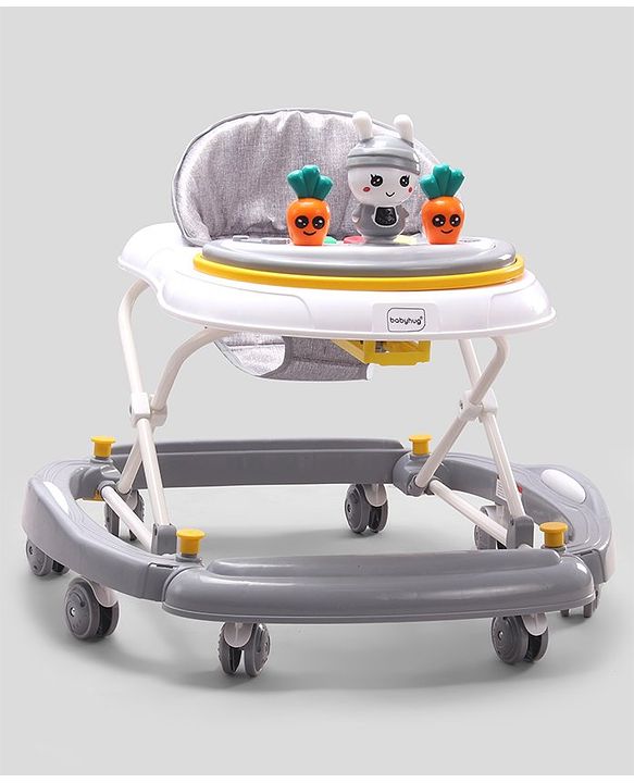 Babyhug Bunny 2 In 1 Walker Cum Rocker With 3 Adjustable Height & Musical Play Tray With Lights-Grey| Cushion Seat| Smooth Swivel Wheels| Foldable