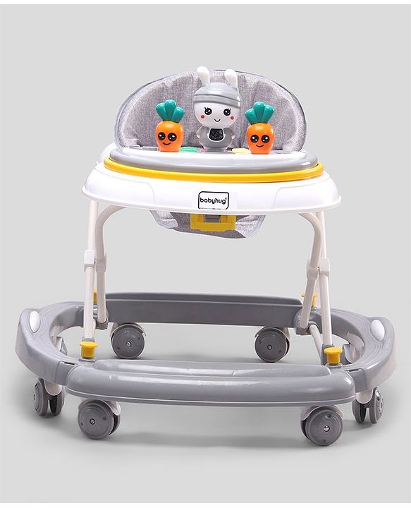Babyhug Bunny 2 In 1 Walker Cum Rocker With 3 Adjustable Height & Musical Play Tray With Lights-Grey| Cushion Seat| Smooth Swivel Wheels| Foldable