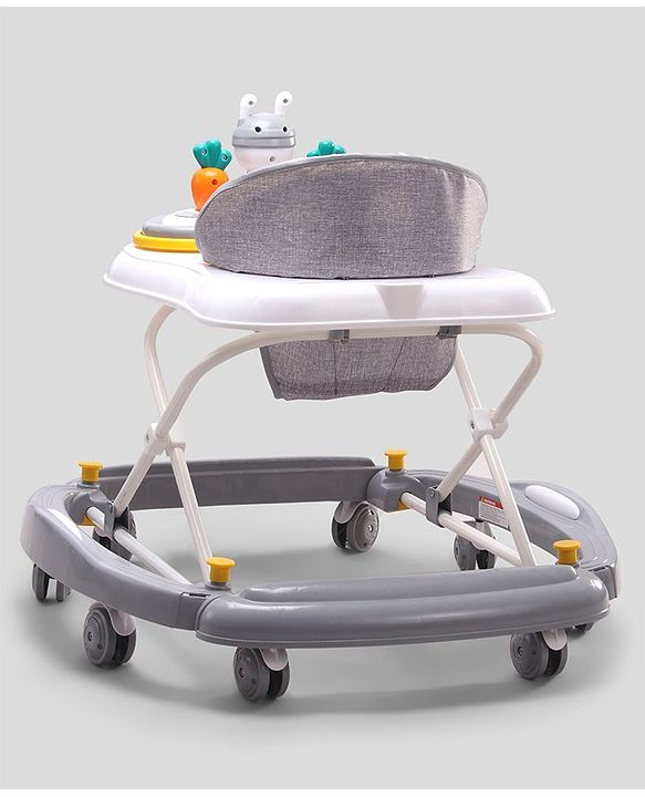 Babyhug Bunny 2 In 1 Walker Cum Rocker With 3 Adjustable Height & Musical Play Tray With Lights-Grey| Cushion Seat| Smooth Swivel Wheels| Foldable