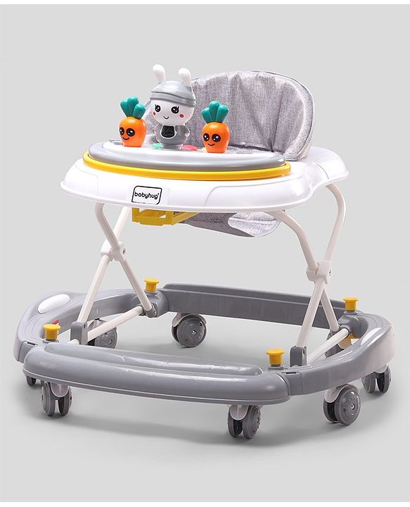 Babyhug Bunny 2 In 1 Walker Cum Rocker With 3 Adjustable Height & Musical Play Tray With Lights-Grey| Cushion Seat| Smooth Swivel Wheels| Foldable