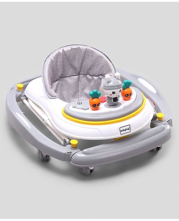 Babyhug Bunny 2 In 1 Walker Cum Rocker With 3 Adjustable Height & Musical Play Tray With Lights-Grey| Cushion Seat| Smooth Swivel Wheels| Foldable