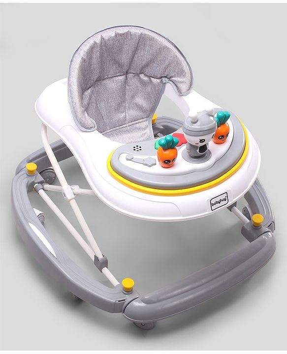 Babyhug Bunny 2 In 1 Walker Cum Rocker With 3 Adjustable Height & Musical Play Tray With Lights-Grey| Cushion Seat| Smooth Swivel Wheels| Foldable