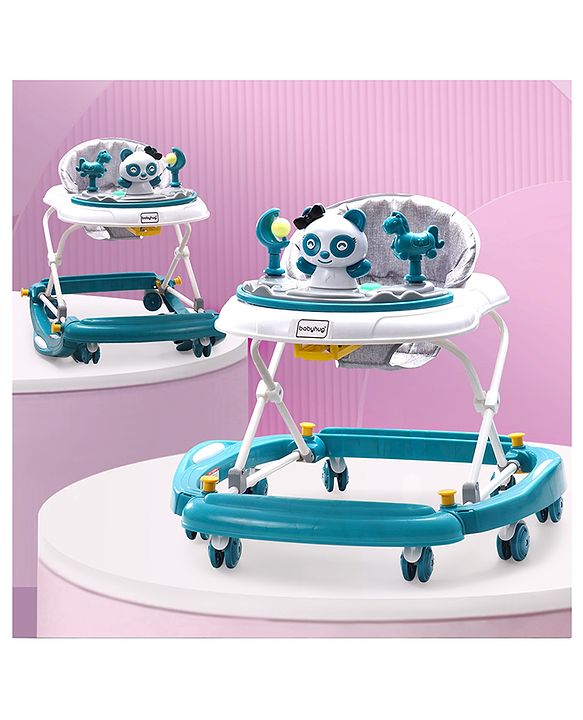 Babyhug Panda 2 In 1 Walker Cum Rocker With 3 Adjustable Height & Musical Play Tray With Lights-Grey| Smooth Swivel Wheels| BIS Certified| Comfortable Seat| Removable Toys