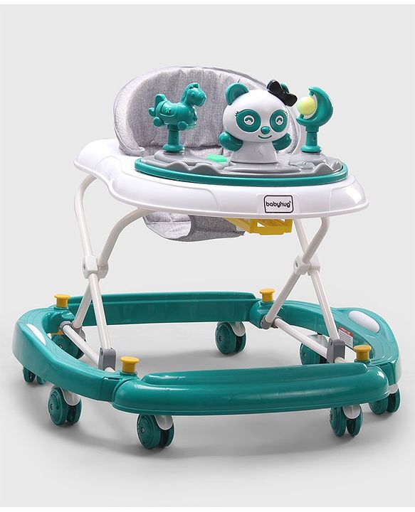 Babyhug Panda 2 In 1 Walker Cum Rocker With 3 Adjustable Height & Musical Play Tray With Lights-Grey| Smooth Swivel Wheels| BIS Certified| Comfortable Seat| Removable Toys