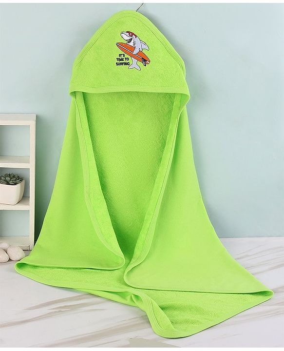Babyhug Cotton Terry Knit Shark Print Towel with Hood L 76.2 x B 76.2 cm - Green